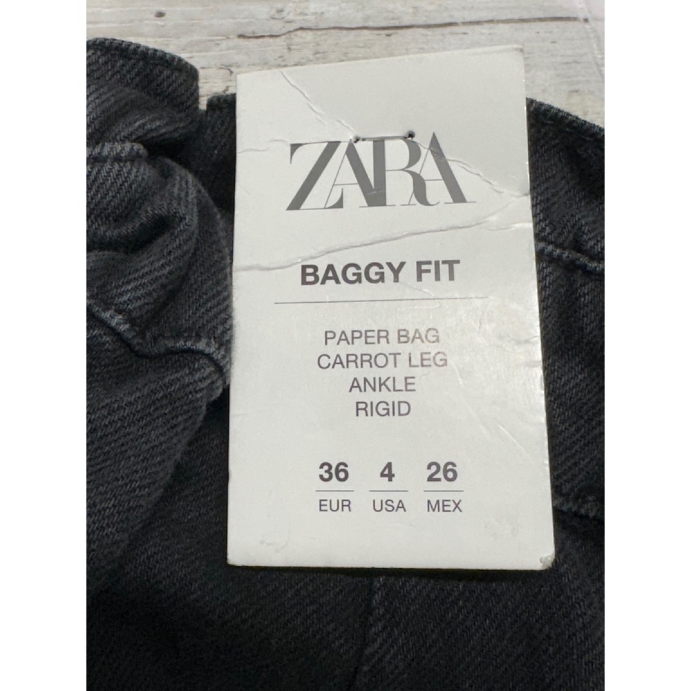 Zara Baggy Fit Paperbag Waist Carrot Leg Jeans Black Rigid Denim Womens 4 NEW - Picture 4 of 10